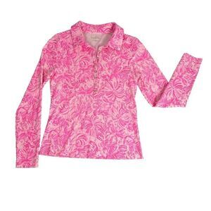 Lilly Pulitzer Small Reema Long Sleeve Polo Shirt Pink Bloom Foxy Llama